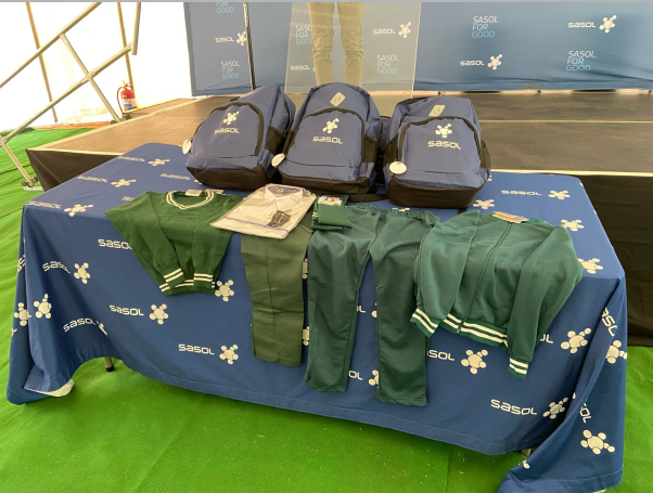 Uniform and school bags donated through the Sasol Friendly Neighbour programme.